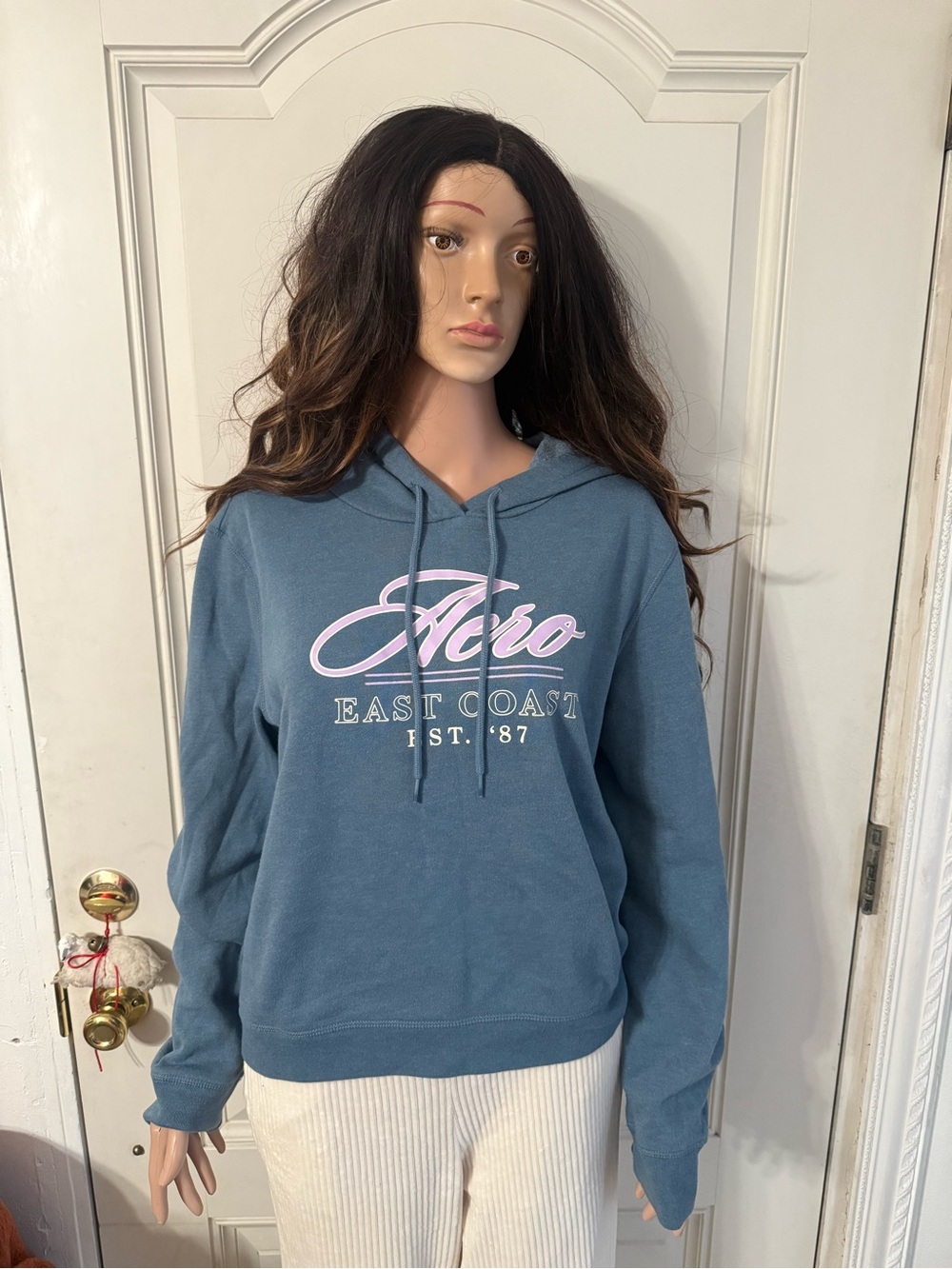 Women’s Aeropostale Blue Hooded Sweatshirt with Pink Script Logo size XL